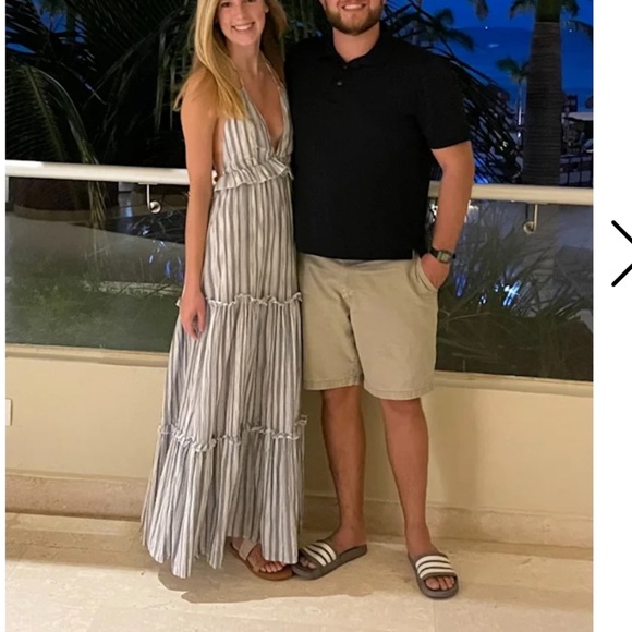 Lulus Vacay Babe Grey White Blue Striped Halter Maxi Dress M - Picture 5 of 15